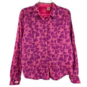 20X Wrangler Women's Shirt XL Rhinestone Snap Button Heart Print Western Pink